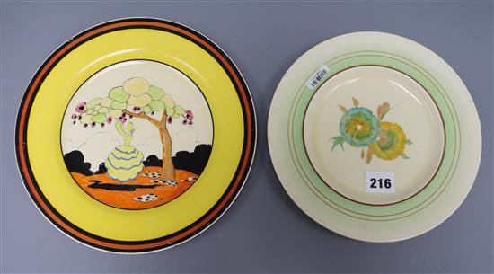 A Clarice Cliff Idyll plate and an Aurea plate largest 25cm